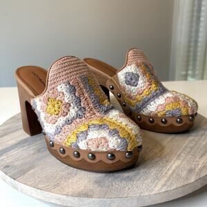 Lucky Brand Immia Crochet Block Heel Clogs Multicolor Boho Retro Studded Size 8